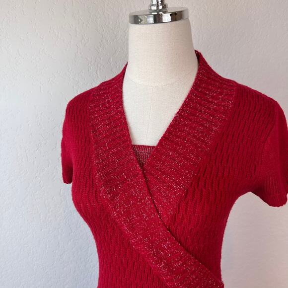 Vintage Y2K Red Knit Bodycon Sweater Mini Dress Short Sleeve Office Siren Medium - Picture 2 of 7